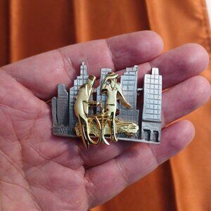 Vintage Ultra Pewter & Gold Tone Brooch Couple Wine Car City Skyline Stamped Ult